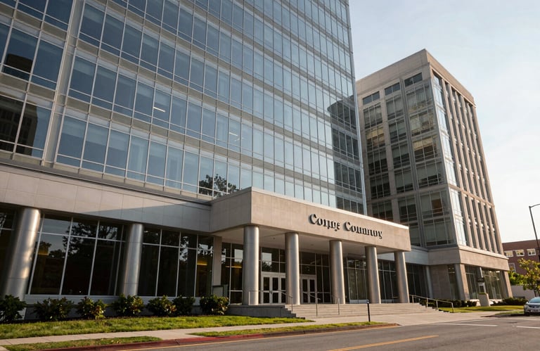 A wide-angle exterior shot of a modern courthouse or glass-fronted professional building in North American / US - Maryland during daylight.