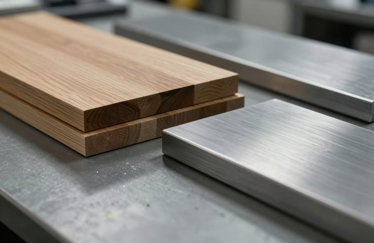 Close-up of premium raw materials in a North American workshop, including high-grade oak and brushed steel, cool gray lighting, professional depth of field.