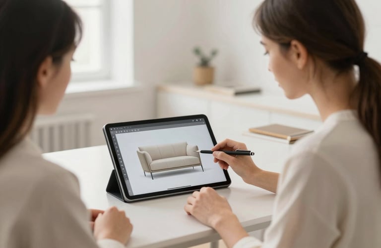 A designer in a bright North American studio using a digital tablet to show furniture renders to a client, sophisticated and inviting atmosphere, soft pearl colors.