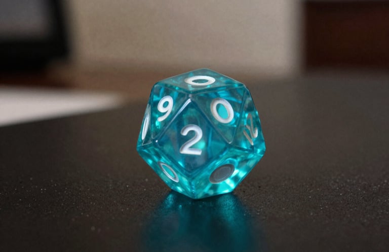 An artistic macro shot of a 20-sided die glowing with internal neon cyan light, sitting on a high-tech obsidian surface in a North American / US home.