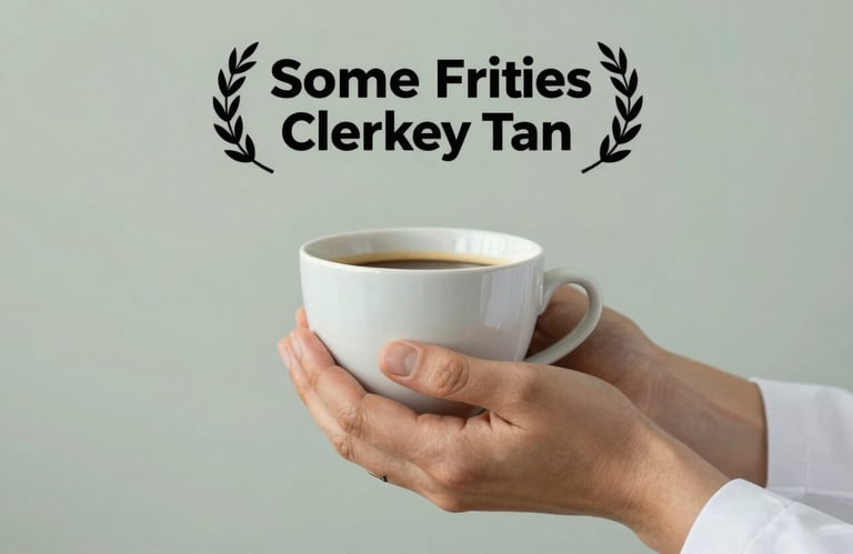 A portrait of a therapist's hands holding a warm cup of coffee, symbolizing comfort and professionalism. Soft sage and pale frost background.
