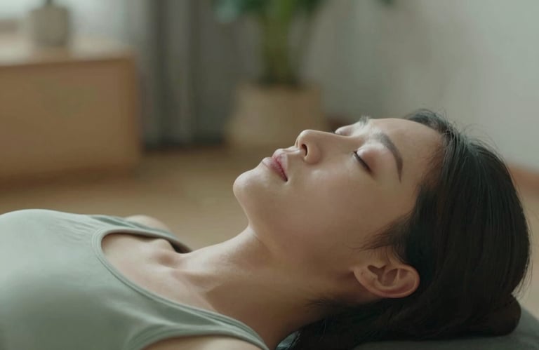A detail shot of a person practicing breathing exercises in a calm room. The soft sage lighting creates a tranquil atmosphere.