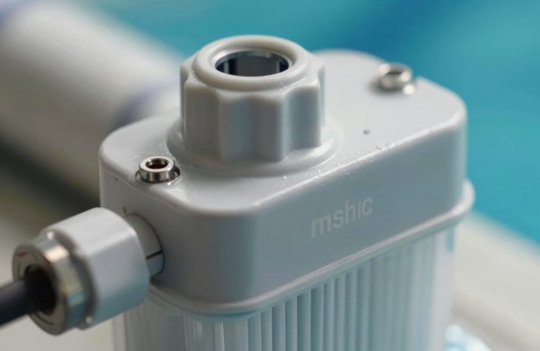 Close-up of a high-efficiency pool filter unit, highlighting the precision engineering and clean maintenance of the system.