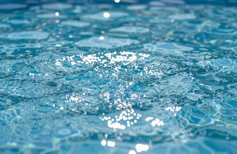 Clean, sparkling pool water surface with bright sunlight reflecting, symbolizing hygiene and perfect maintenance.