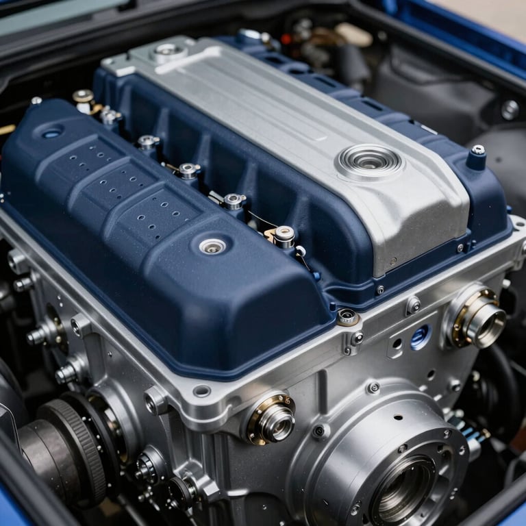 Macro photography of a clean, powerful high-performance car engine, navy blue and metallic textures, precision details, North American / European Luxury Automotive Market.