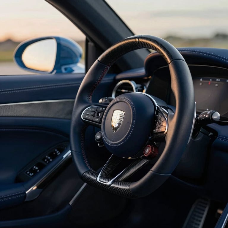 A close-up photograph of a high-performance European luxury car's cockpit, featuring hand-stitched leather in Deep Navy Blue and polished carbon fiber accents in Dark Charcoal. The steering wheel prominently displays a minimalist crest. Soft, natural evening light pours through the windshield, highlighting the precision of the stitching. North American / European Luxury Automotive Market setting.