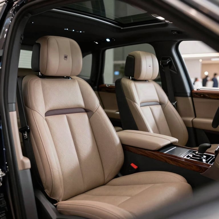 The interior of a bespoke luxury vehicle featuring hand-stitched leather and dark wood trim, soft ambient lighting, North American / European Luxury Automotive Market.