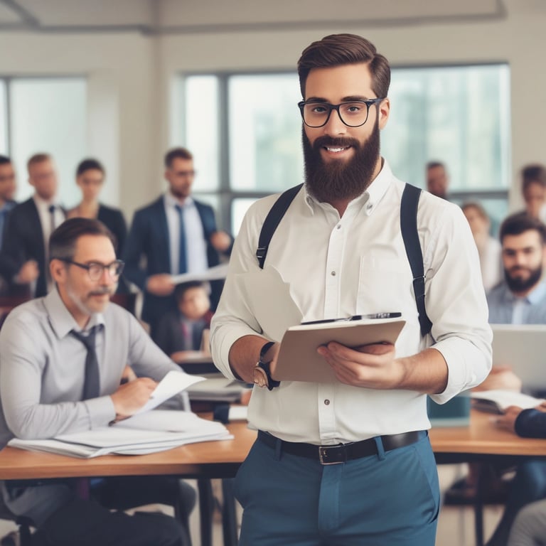 Group of employees attentively participating in a fire safety training session with a professional instructor.