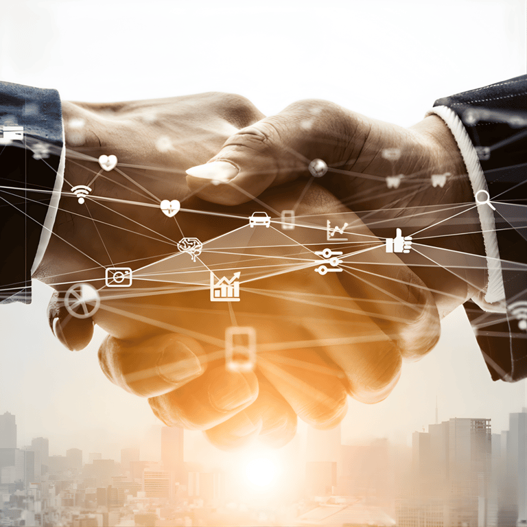Professional handshake with digital network icons overlay representing global business connectivity and technology