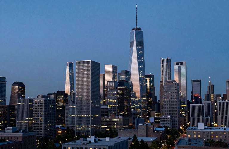 A sprawling view of a modern North American skyline at dusk, with the lights of the city mirroring the colors of steel blue and dark navy.