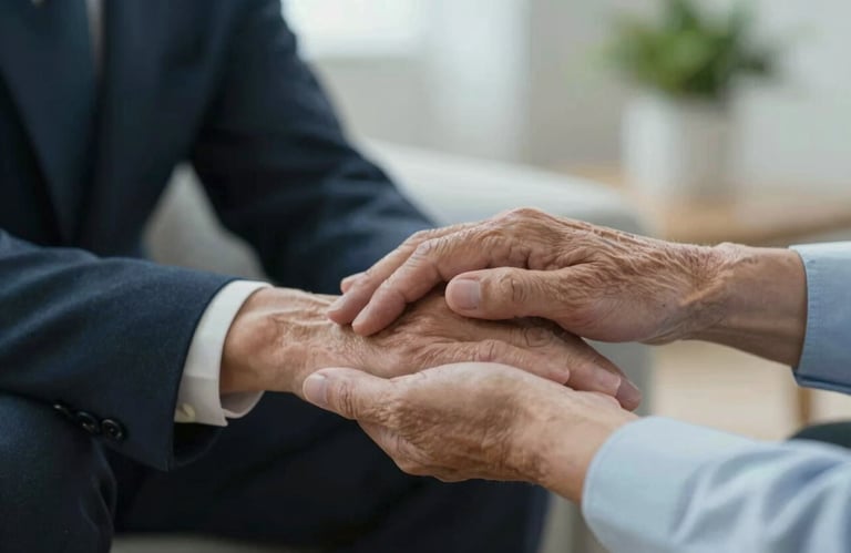 A conceptual, high-art style photo showing a senior's hand resting safely on a younger, professional hand. Symbolizes trust and 30 years of experience. Soft focus, warm indoor lighting with #9FBDB8 and #F4F9F8 highlights.