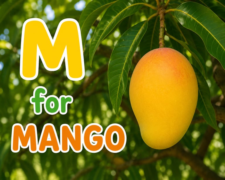 A fresh yellow mango hanging from a tree branch with M for Mango educational text.