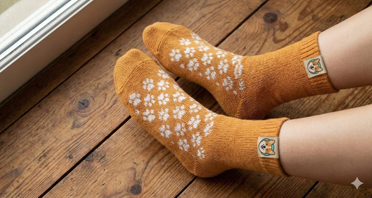 Calcetines de huella de perrito color dorado sobre piso de madera