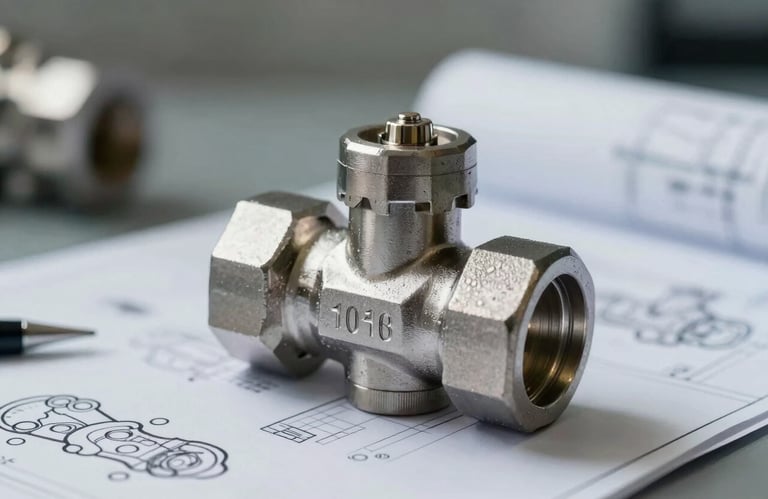 A professional close-up of a stainless steel valve component with a etched serial number, resting on a blueprint. Industrial and authoritative mood with high contrast lighting.