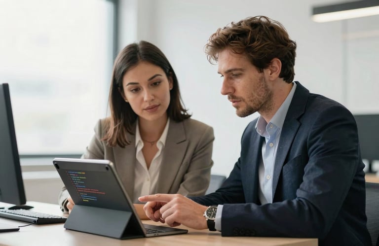 Two professional colleagues in a European / French office discussing code on a tablet, wearing smart casual attire in a bright room.