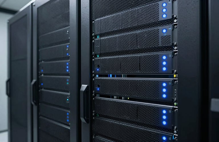 A clean, technical photo of high-end server racks in a data center with subtle sky blue glowing indicators, representing technical reliability.