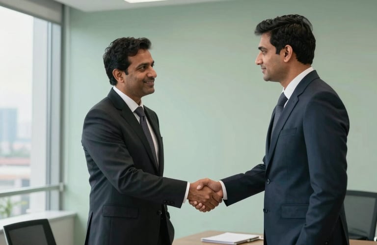 Two professional South Asian / Indian colleagues shaking hands in a high-rise office with a city view and soft sage green walls.