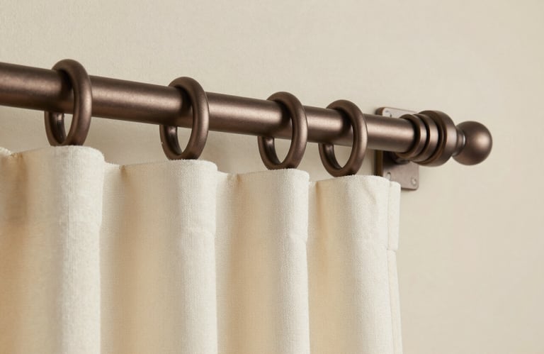 A close-up of elegant curtain hardware, including a muted brown rod and rings, against a cream wall in a North American home. Refined and sophisticated style.