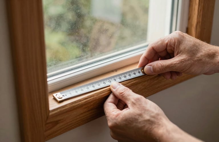 Hands of a professional using a silver measuring tape on a high-quality wooden window frame in a North American home. The image conveys precision and personalized service.
