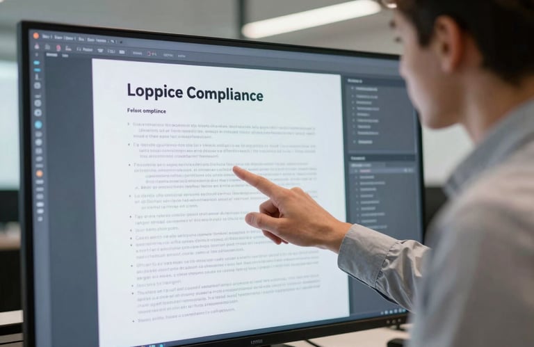 A professional in a sky grey shirt pointing at a clearly laid out digital compliance document on a screen in a modern office atmosphere.