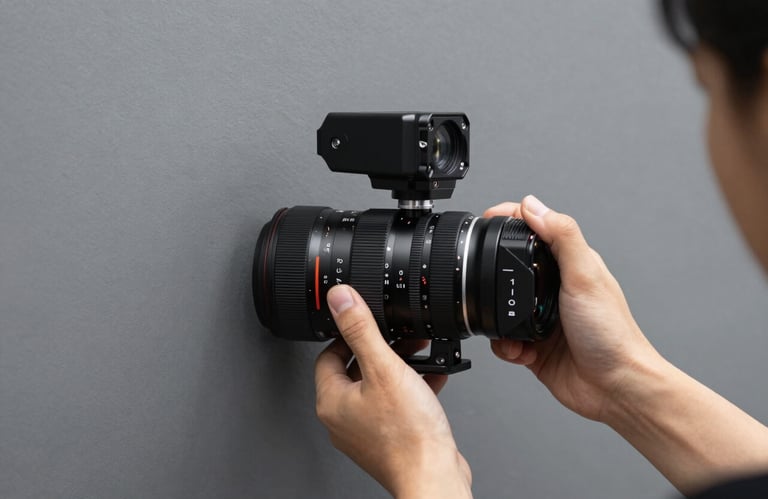 A person using a professional level on a modern grey wall, focusing on precision and craftsmanship, minimalist colors.