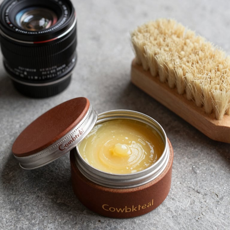 A close-up photograph of premium leather wax jars and a soft horsehair brush on a grey stone surface, professional product photography for a Swedish cobbler service.