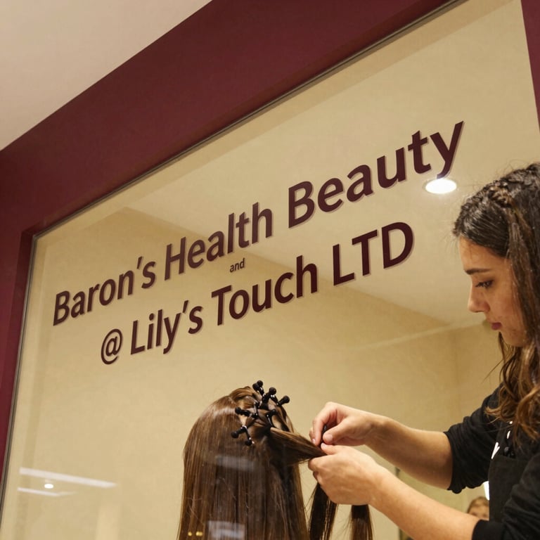 A warm, inviting salon space decorated in cream, wine, and gold tones, with a stylist gently caring for afro-textured hair.