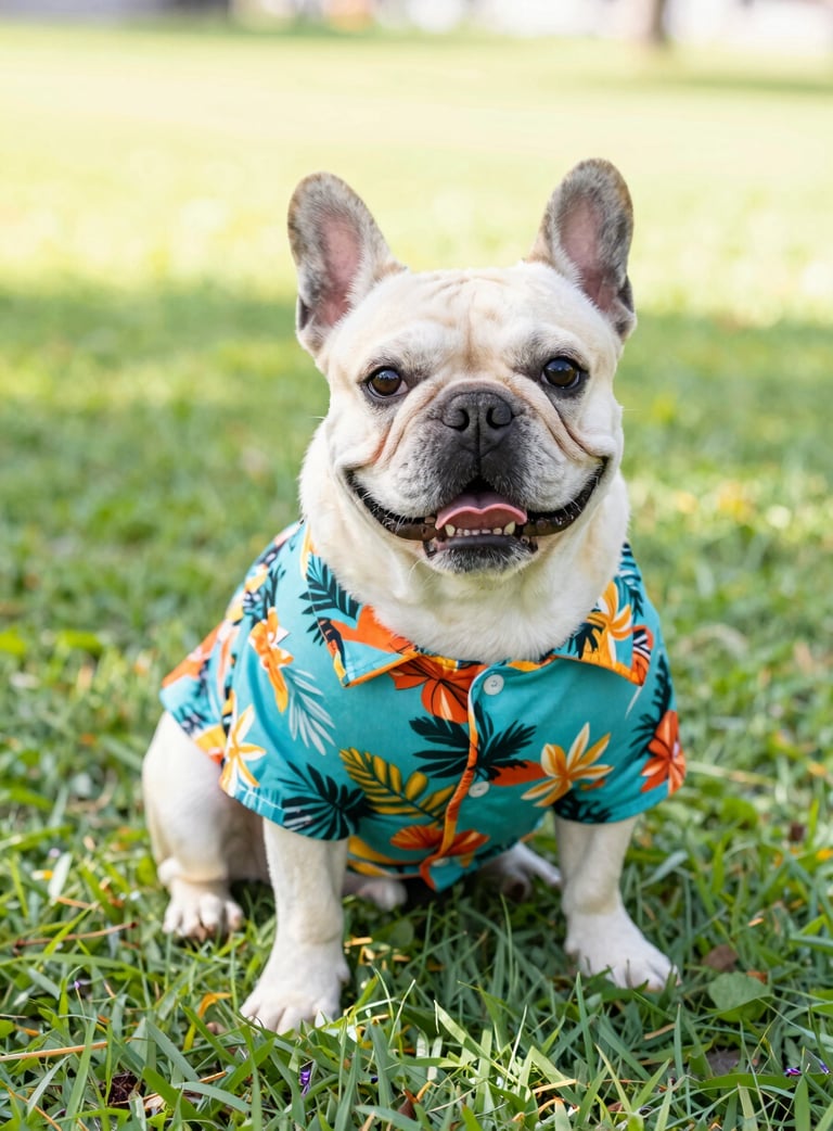 perro sonriendo posando con una camisa tropical color azul con flores