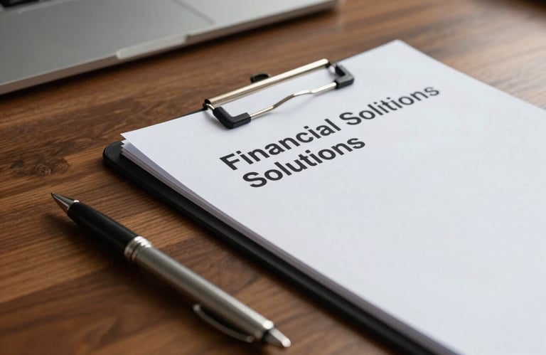 A close-up of a polished wooden desk with a single pen and a folder labeled 'Financial Solutions' in a professional North American office.