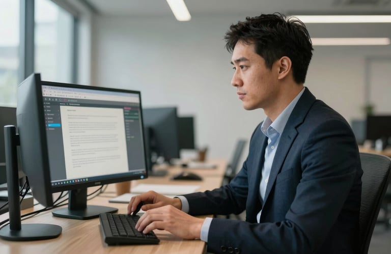 A confident professional sitting in a modern Spokane office, looking at a digital screen with a sense of accomplishment.