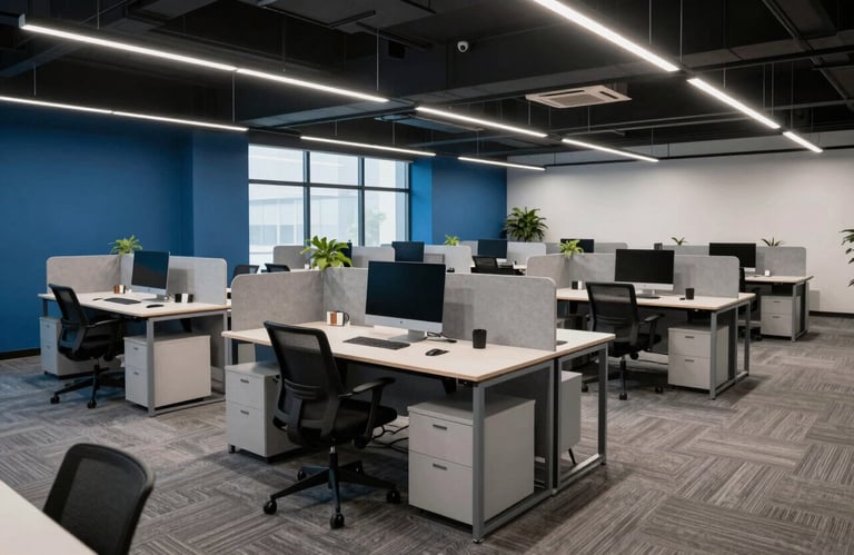 A wide angle shot of a professional open-plan North American creative workspace, featuring light grey furniture and deep blue accents under cool, modern lighting.