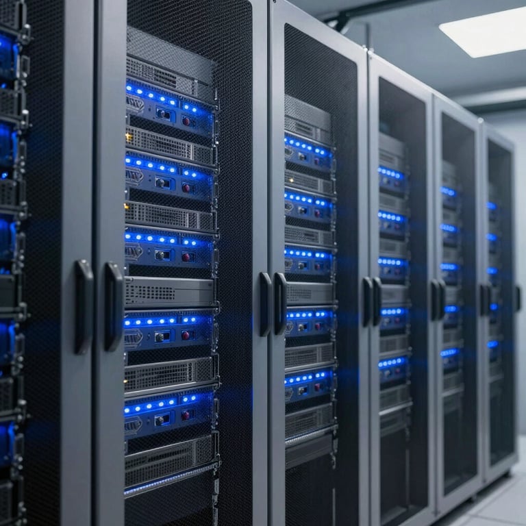 Interior of a modern data center with blue LED lights reflecting on silver server racks, professional and secure atmosphere.