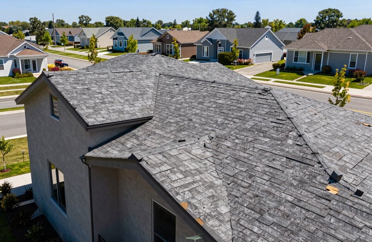 Professional photography of a completed roof restoration on a modern house with cedar shake accents. The house is situated in a clean, upscale US suburban neighborhood during a sunny day.