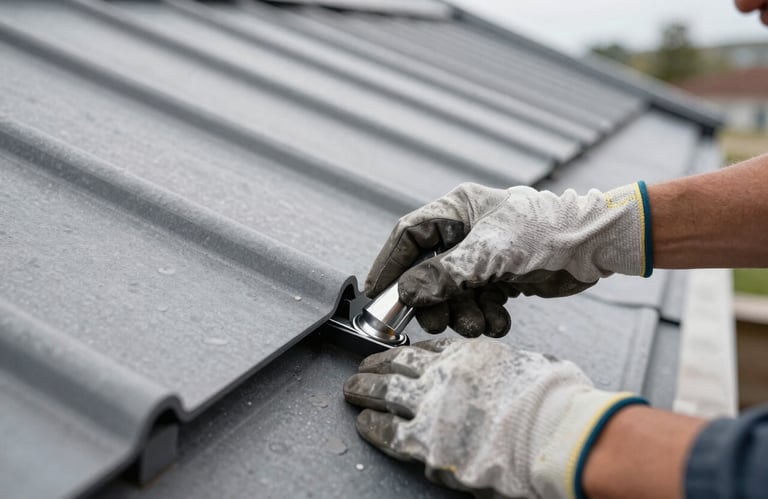 A detailed close-up photography of a roofer's hands in safety gloves precisely installing a metal flashing detail on a modern roof. Clear, high-definition professional style.