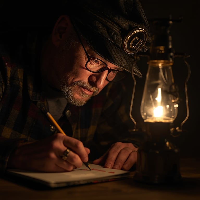 A man in a vintage mining hat writing in a notebook by the warm glow of an oil lantern.