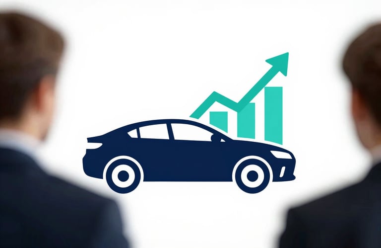 Sleek automotive silhouette icon combined with a growth chart, using Navy and Teal corporate colors on a white background.