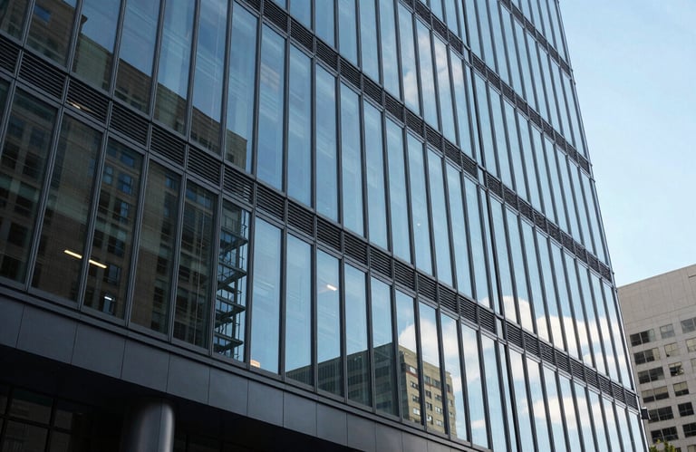 A crisp, professional photo of a modern office building in a North American urban center, showing glass windows reflecting a bright blue sky.