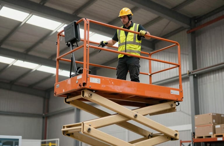 A professional operator in high-visibility safety gear operating a scissor lift in a modern Mediterranean warehouse.