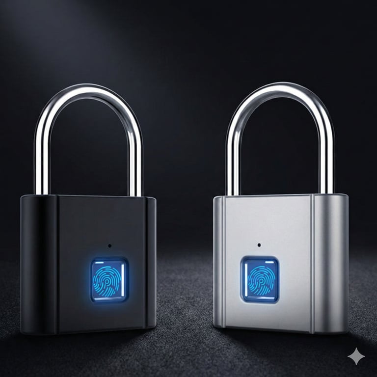 Black and silver smart biometric fingerprint padlocks for secure keyless entry and home security.