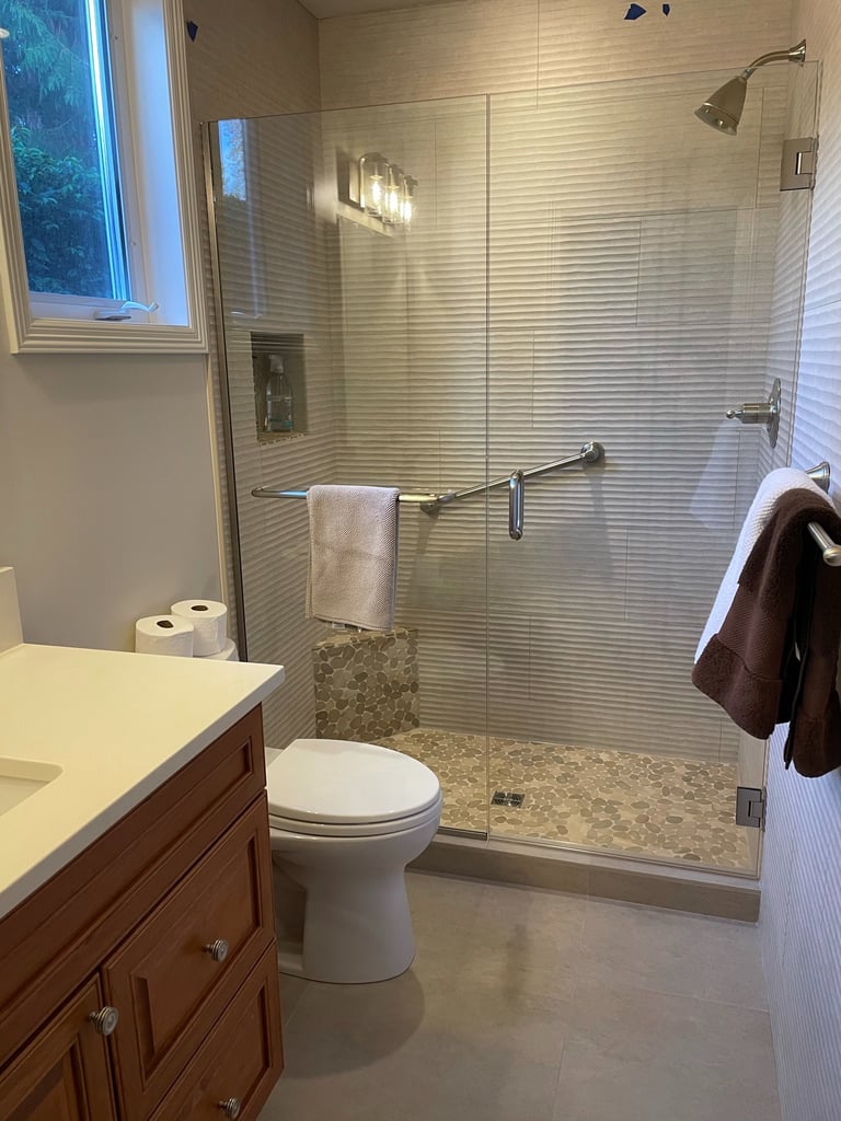 Bellevue Bathroom remodel, custom tile installation, custom cabinetry, painting & carpentry services
