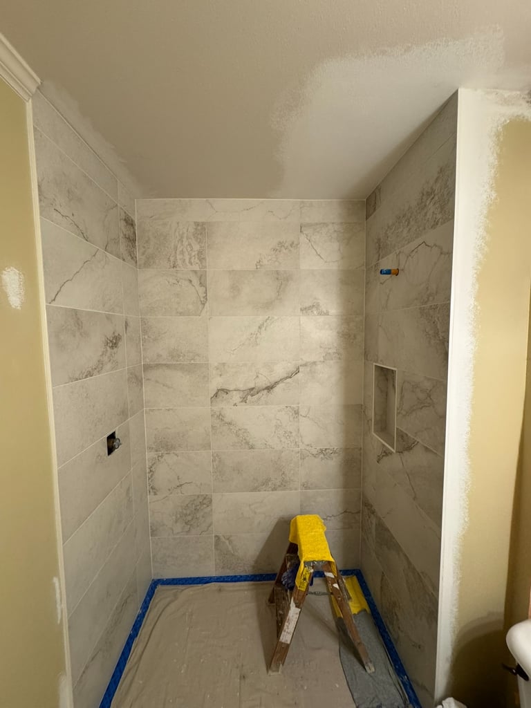 Modern bathroom renovation included half bath to full-bath conversion walk-in shower Bothell,WA
