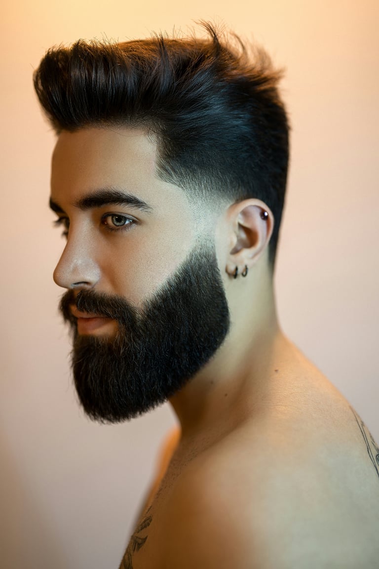 Perfil lateral de un hombre con barba negra abundante bien arreglada y un corte fade moderno.