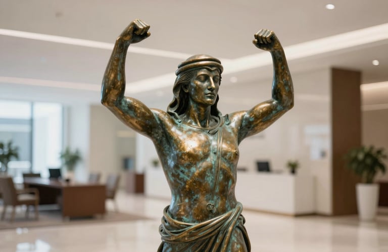 A high-resolution close-up of a bronze sculpture in a professional Middle Eastern office lobby, symbolizing strength and creativity, with soft bokeh background.