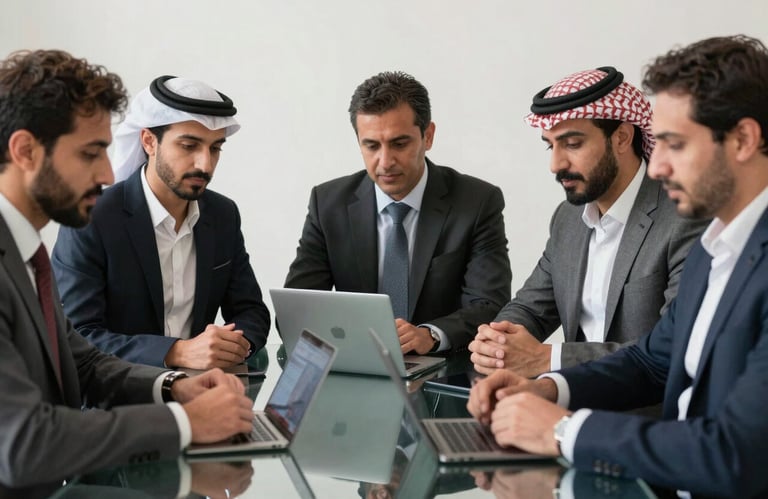 A group of Middle Eastern / Iraqi professionals in business attire collaborating around a glass table with digital devices, looking confident and successful.