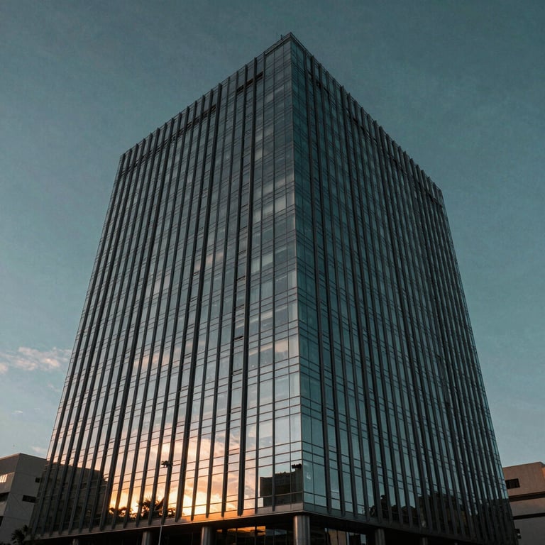 Exterior shot of a contemporary corporate building in Brazil, with sleek glass architecture reflecting a professional dark teal sky during sunset.