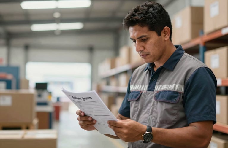 A focused professional in South American industrial attire inspecting a dispatch manifest in a bright, modern logistics hub.