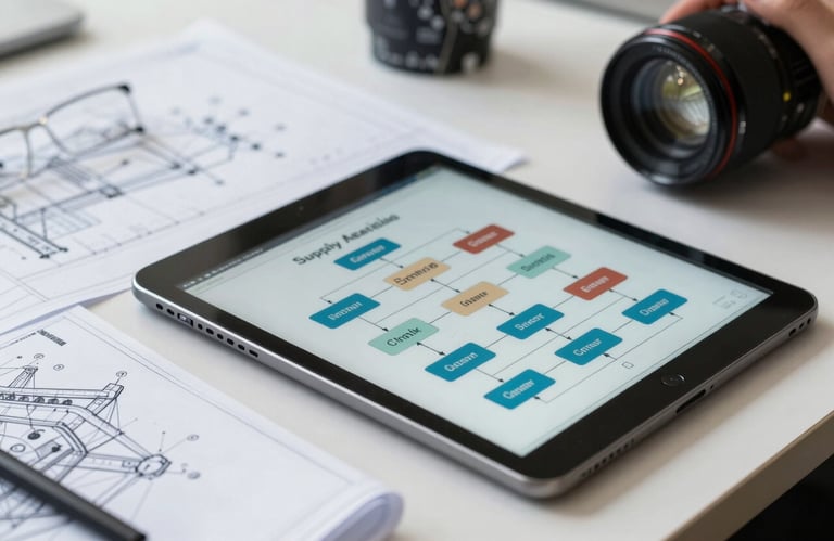 A close-up of professional technical blueprints and a tablet showing supply chain data on a clean desk in a South American industrial office.
