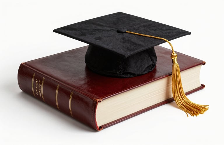 A gold graduation cap tassel resting elegantly on the corner of a thick, leather-bound academic thesis book. Clean studio lighting.