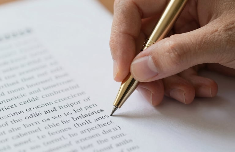 A macro shot of a hand using a professional gold pen to carefully highlight a section of an academic paper. Focus on scholarly precision.