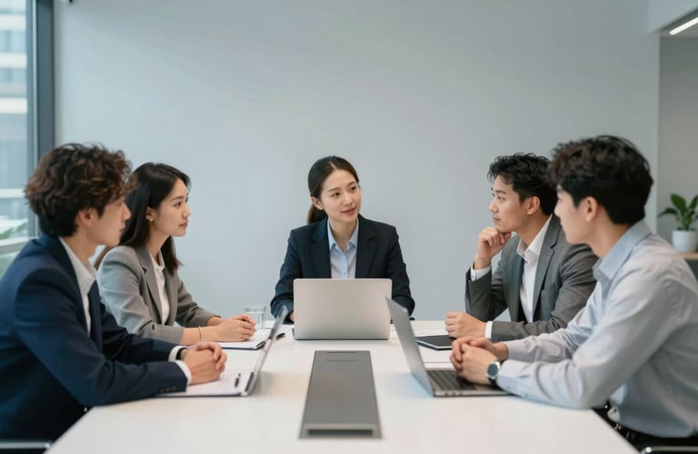 A group of professional colleagues in business casual attire collaborating around a bright conference table in a North American city center. The atmosphere is focused and compassionate, with clean minimalist decor in light blue-grey.